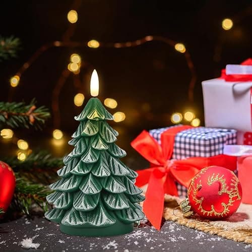 KunSwenn Christmas Tree Candles, 2 Pack Real Wax Christmas Tree Shaped Flameless Candles Battery Operated with 6H Timer, Green LED Flameless Candlesticks Imitate Snow Design for Christmas Winter Decor thumbnail 6