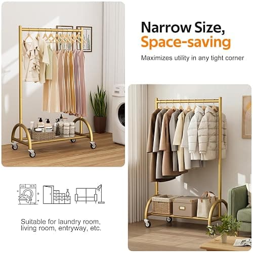 MISSLO Heavy Duty Clothing Rack with Wheels Rolling Clothes Racks for Hanging Clothes, Coats, Garment, Dress, Gold, 30" W thumbnail 4