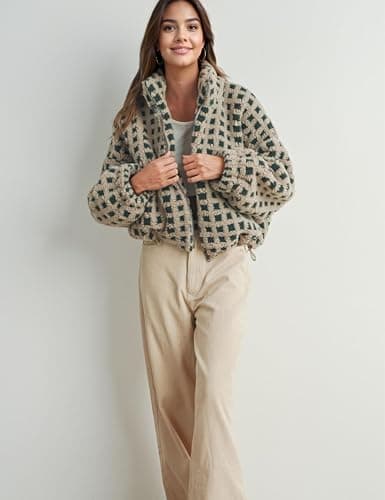 Esmeling Women’s Long Sleeve Cropped Sherpa Fleece Plaid Jacket Casual Chunky Teddy Fleece Outerwear thumbnail 7