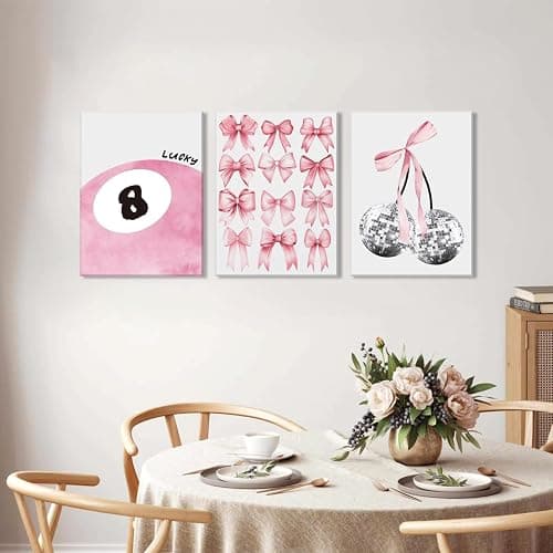 Trendy Pink Bows Wall Art Set of 3 Coquette Preppy Cherry Wall Decor Light Pink Cute Girly Lucky 8 Ball Canvas Poster Prints Aesthetic for College Dorm Living Room Bedroom Framed 12x16 Inch thumbnail 5