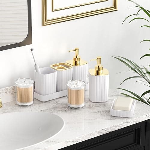 XLHOMO Bathroom Accessories Set - Gorgeous Bathroom Set, 10PC White Bathroom Accessory Set, Toilet Brush, Trash Can, Qtip Holder Dispenser & Soap Dispenser thumbnail 4