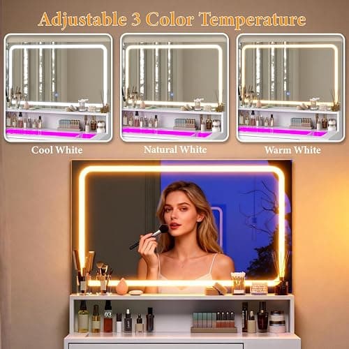 HuaYing Makeup Vanity Desk with Mirror and Lights, LED Tempered Glass Top, 3 Lighting Modes Brightness Adjustable,Power Outlet,Bedroom Dressing Table, Snow White thumbnail 3