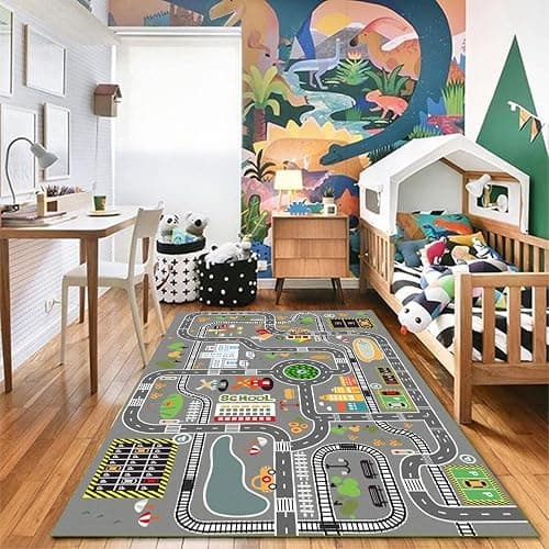 Car Rug Play Mat Great for Playing with Cars and Toys, Kid Playroom Carpet with Rubber Backing, Game Area for Baby Toddler Kid Child Educational Learn Road Traffic in Bedroom, Classroom - 3'11" x 5'10" (Rectangular) thumbnail 2