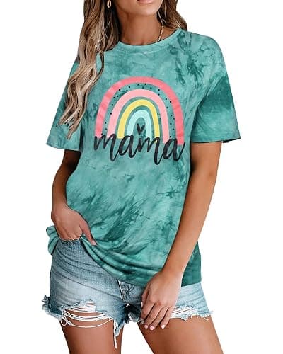 Mama Shirt Women Rainbow Shirts Mama Gifts Mom Tees | Mom Shirt Women Rainbow Mom Graphic Tshirts Rainbow Tie Dye Shirt Casual Bleached Tie Dye Tee Short Sleeve Tops thumbnail 3