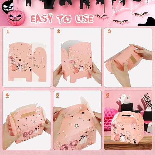 Konsait Halloween Boo Boxes, 12 Pack Kraft Paper Halloween Boo Treat Boxes Bulk, Pink Halloween Cookie Boxes, Halloween Boo Birthday Goody Boxes thumbnail 7