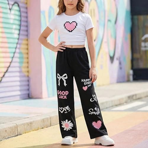 Zuodeying Girls 2 Piece Outfits Cute Short Sleeve Tops with Heart Print & Trendy Pants Set Summer Clothes, Size 7-14 Years thumbnail 3