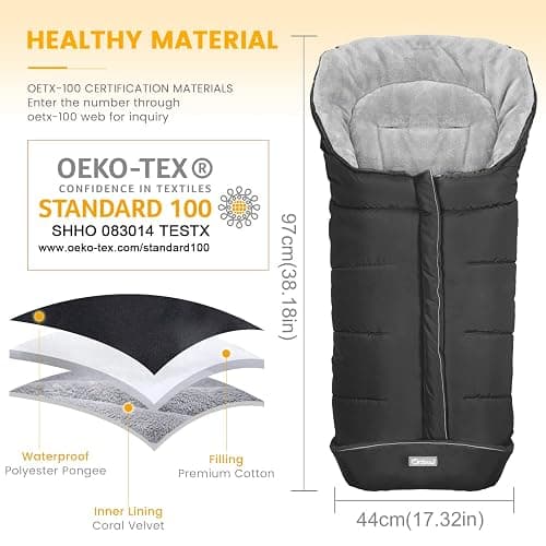 Orzbow Universal Toddler Stroller Footmuff, Winter Warm Water-Repellent Bunting Bag for Babies, Toddlers and Kids - Cold Weather Zipper Blanket Cover for Strollers and Car Seats Accessories, Black thumbnail 2