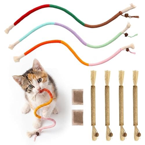 Uyubao Cat Toys, 7Pcs Cat Chew Ropes & Silvervine Sticks for Cats with Natural Catnip & Silvervine, Safe Teeth Cleaning Catnip Toys for Indoor Kittens, Interactive Chew Toys for Indoor Cats - Image 1