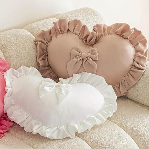 Jiuqianli Heart Pillow,Velvet Ruffed Love Bow Heart Shaped Throw Pillows Home Decoration Cushion for Sofa Bed Living Room (White) thumbnail 4