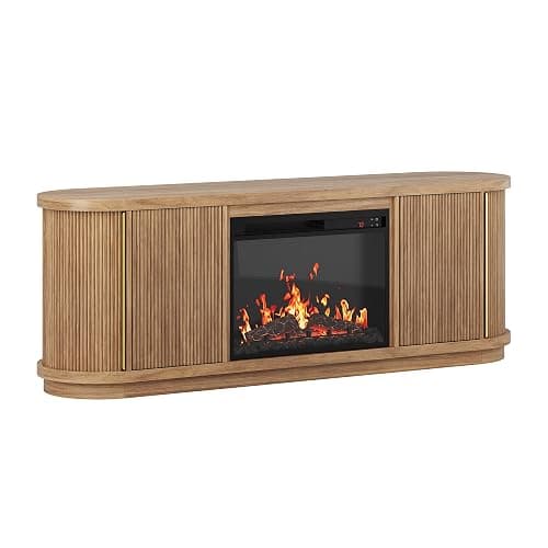 BELLEZE 67" Turin TV Stand with 23" Electric Fireplace Heater - Camel | Fluted Sliding Tambour Doors,For TV up to 75",Realistic Sound of Burning Matches thumbnail 9