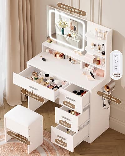 LIVELYGLOW Makeup Vanity Desk with Smart LED Mirror & Charging Station, 35.4" White Vanity Table Set with Cushioned Stool, 4 Drawers & Hairdryer Rack, Modern Bedroom Dressing Table-White thumbnail 5