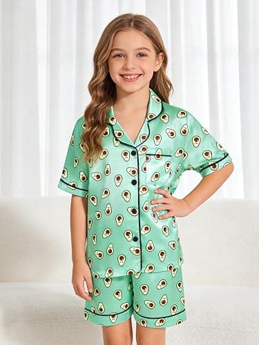 Vopawetty Satin Pajamas for Girls, 4-Piece Short Sleeve Button Down Silky PJ Set thumbnail 4