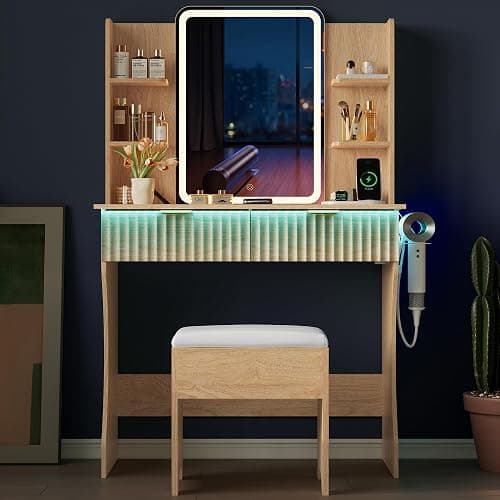 Vanity Desk with LED Lights Mirror & Power Outlet, Small Makeup Vanity Table Set with Storage Drawers & Chair, 3 Lighting Modes & Adjustable Brightness, Dressing Table for Women Girls Bedroom, Oak thumbnail 9