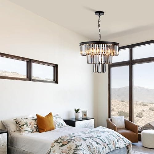 HCCZ 8 Light Black Crystal Chandelier 20'' Luxury Smoke Modern Dining Room Light Fixture 3-Tier Round Hanging Pendant Ceiling Lighting for Entryway Foyer Living Room Adjustable Height E12 thumbnail 6