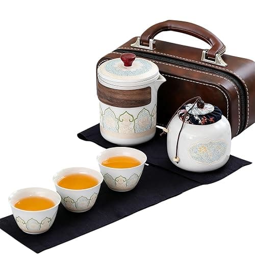 Porcelain Chinese Gongfu Tea Set,Portable Teapot Set Ceramic Travel Sets with Teapot and Infuser/Cups in Bag Asian Tea Sets Gift for Birthday/Father's day/Festivals,Outdoor Traveling,Office Business - Image 1