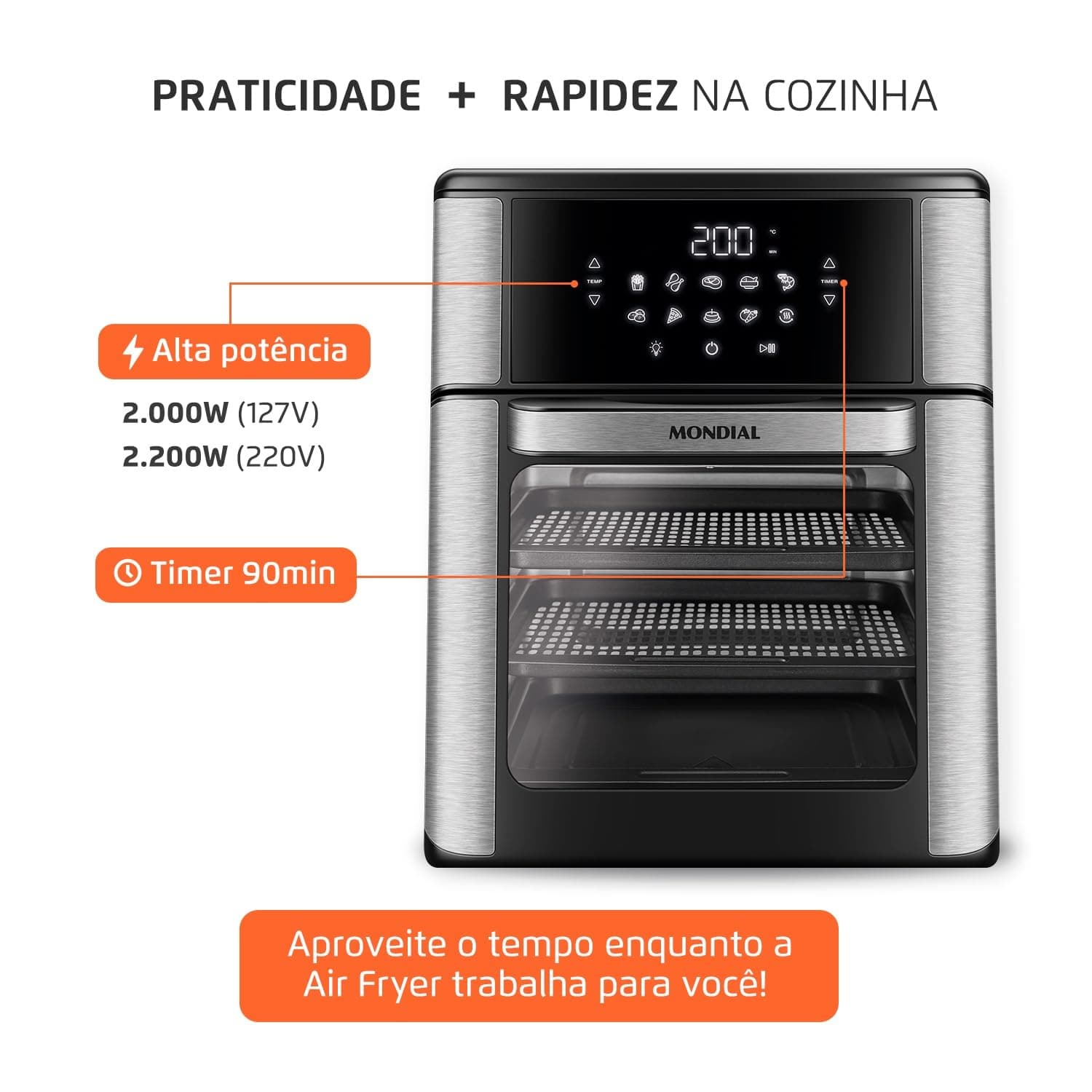 MONDIAL Fritadeira Air Fryer Forno Oven 12L, Preto/Inox, 2000W, 220V - AFON-12L-BI thumbnail 7