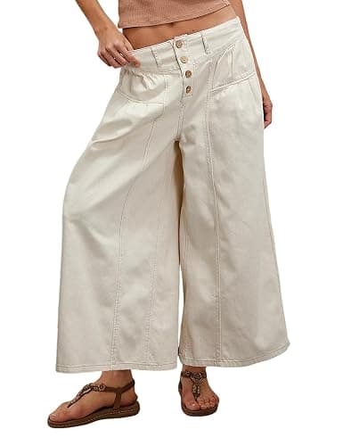 Lentta Women's Wide Leg Jeans Mid Rise Trousers Elastic Waist Button Pleated Demin Pants with Pockets - Image 1