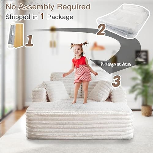 JEEOHEY 56" Oversized Chaise Lounge Chair Indoor,Plush Faux Fur Sleeper Sofa Couch Bed with Pillows&Wide Armrests,Fluffy Comfy Cloud Couch,Compression Foam Couch for Living Room,Bedroom(Beige) thumbnail 8