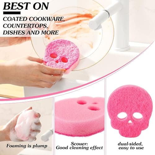 Tioncy 12 Pack Skull Kitchen Sponges Bulk Dual Sided Scrubber Pink Sponges Dishwashing Skull Kitchen Accessories Dish Scouring Black, White thumbnail 4