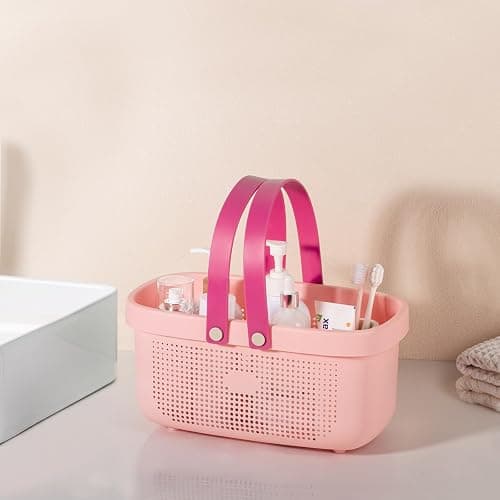 JiatuA Plastic Storage Basket with Handle Portable Shower Caddy Tote Organizer Basket Bin for Bathroom Kitchen Dorm Room Bedroom, Light Pink thumbnail 2