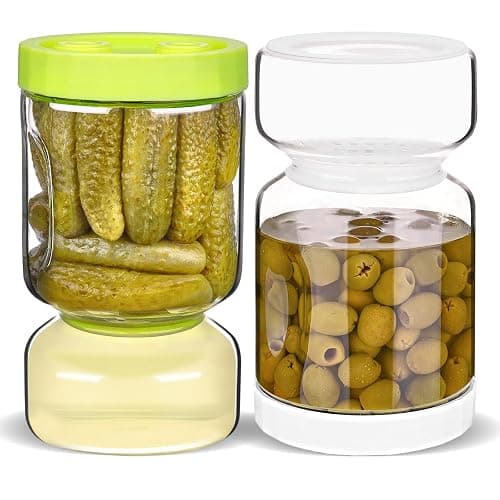 ZENS Glass Pickle Jar with Strainer Flip, 2 Pack Pickle Container Olive Hourglass Jars, Airtight Pickle Juice Separator from Wet and Dry, Pickles Storage Jar 51oz-Green & White - Image 1