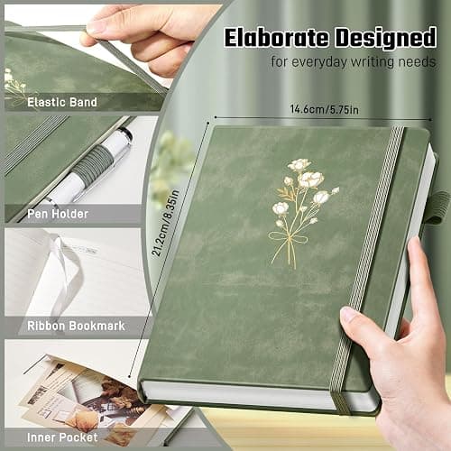 Ovesmusl Journal for Girls Women Journals for Writing 100GSM A5 Leather Notebook for Girls Ages 8-12 College Ruled 192 Pages Flower Diary with Heart-Shaped Shadow 8.3" x 5.7", Green thumbnail 4