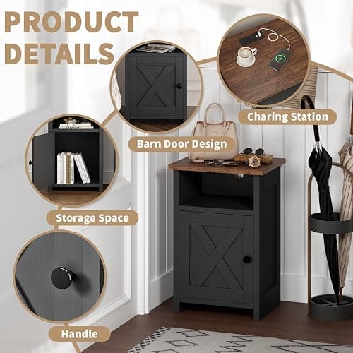 AURINEST Farmhouse End Table Set of 2 w/Charging Station, Nightstands w/Barn Door & Storage Shelf, Rustic Bedside Table for Living Room, Bedroom, Entryway, Office, Small Spaces, Black thumbnail 7
