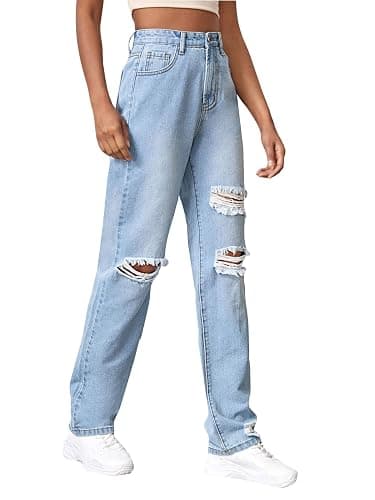 SweatyRocks Women's Ripped Straight Leg Jeans High Waist Distressed Cutout Denim Pants thumbnail 3