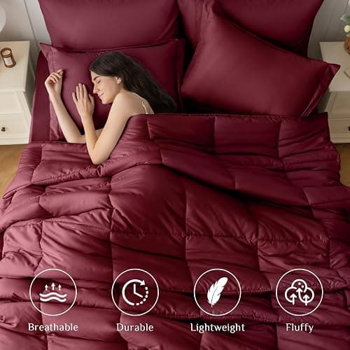 JOLLYVOGUE Queen Comforter Set, Ultra-Soft Bed in a Bag Queen Size 7 Pieces, Oeko-TEX Certified Bedding Set with Down Alternative Comforter, Sheets, Pillowcases & Shams, Burgundy thumbnail 2