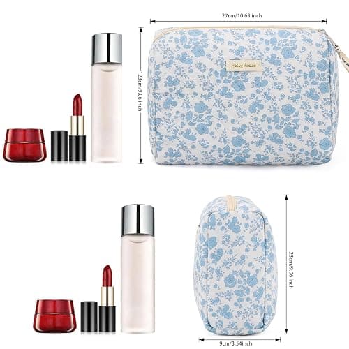 Sightor Cotton Makeup Bag, Kawaii Floral Cosmetic Bag Large Travel Toiletry Bag, Quilted Cosmetic Pouch for Women (Cerulean Blue) thumbnail 2