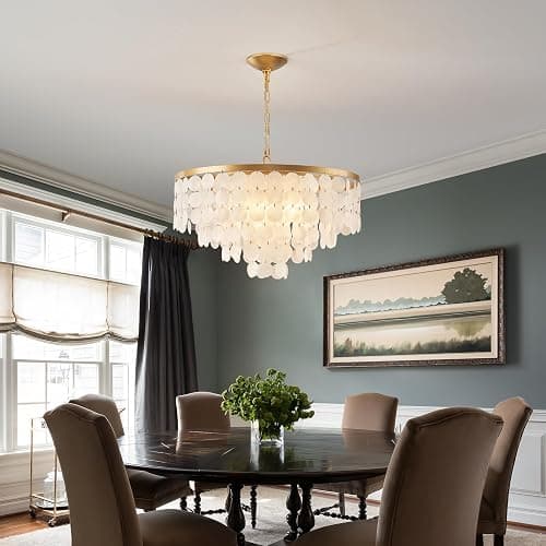 HLMRCHEN 24" Capiz Shell Chandelier, 5 Light Gold Dining Room Light Fixture Modern Coastal Chandeliers for Bedroom Bathroom Kitchen and Foyer(White Seashell Lighting Fixtures) thumbnail 3