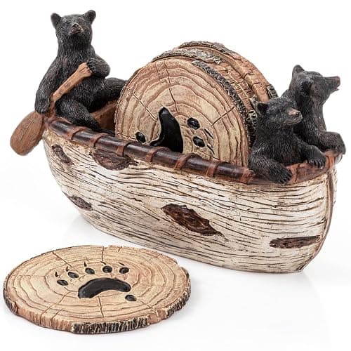 Cabin Obsession Bear Coasters - Set of 6 Full Size Rustic Coasters in Handmade Canoe with Adorable Black Bear Figurines - Log Cabin Decorations, Rustic Lodge Decor for The Home - Image 1