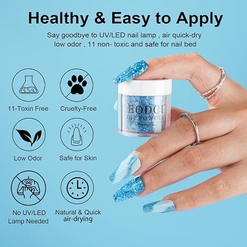 Eodci 12 Pcs Dip Powder Nail Kit Starter, 6 Colors Glitter Blue Snow Dipping Powder Kit With Base & Top Coat/Activator/Brush Saver, Nail Art Manicure Salon DIY for Daily at Home Party Gifts for Women thumbnail 3