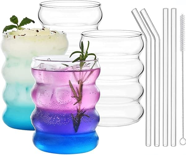 ALINK Gerippte Trinkgläser mit Glasstrohhalmen 4er Set, 350ml Eiskaffeegläser, Wave Gläser Tumbler, Wassergläser,Longdrinkgläser,Trinkgläser, für Cocktail,Wasser, Soda, Geschenk mit Pinsel - Image 1