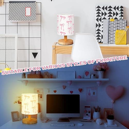 VIHOSE Bow Kids Table Lamp for Bedroom Kids Bedside Lamp with Linen Wooden Nightstand Cartoon Nursery Lampshade for Girls Boys Living Room thumbnail 4