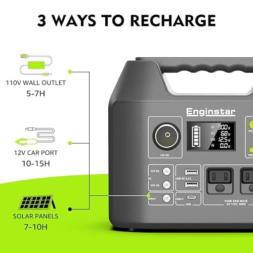 EnginStar Solar Generator, 300W Portable Power Station, 296Wh Lithium Battery Backup w/Two 110V Pure Sine Wave AC Outlet for Camping Road Trip RV, 80000mAh Sufficient Power Supply for Blackout thumbnail 7