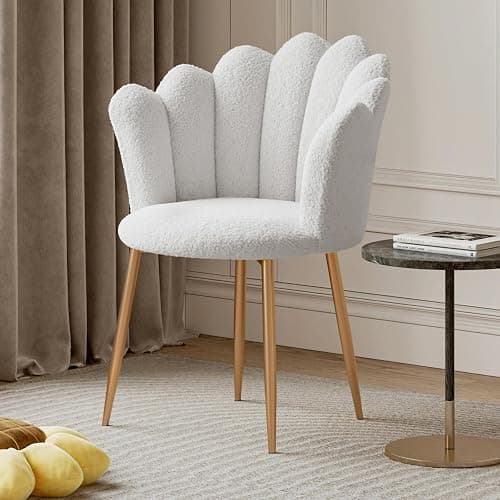 Armchair Tub Chair, Boucle Vanity Chair Shell Accent Chairs with Gold Plating Metal Legs, Leisure Single Sofa Dressing Chairs for Home, Office, Bedroom, Living Room, Dining Room (White) thumbnail 3