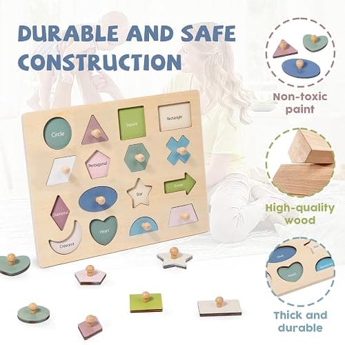 Adena Montessori Wooden Shape Peg 16 Piece Puzzle for Toddlers 2-4,Montessori Colorful Shapes Sorter Board,Geometric Color Matching Toys for Girls Boys 18-24 Months,Baby & Toddler Eearly Learning Gift thumbnail 5