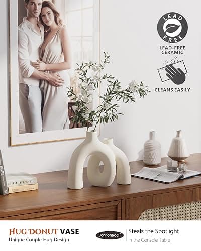 Hug Donut Decorative Vase Set - Modern Nordic Boho Style Vases Home Decor, Matte Ceramic Decorations for Living Room Shelf, Bookshelf Mantle Entryway Table or Console Décor (Cream White) - Cream White thumbnail 3