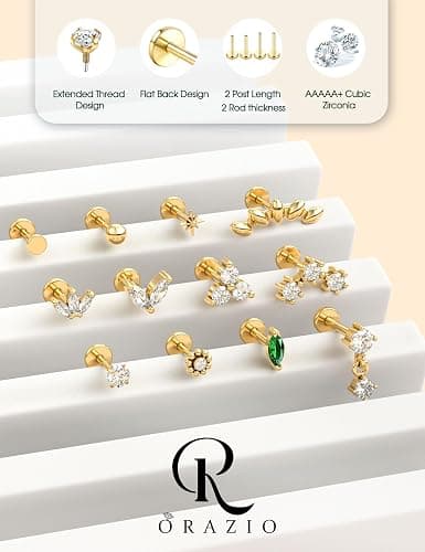 ORAZIO 18G 16G Hypoallergenic Flat Back Earrings Stud Earrings - 316L Surgical Steel Internal Thread Stud Piercing Jewelry for Tragus/Helix/Conch/Medusa/Lip/Labret - Helix Tragus Cartilage Earrings for Women thumbnail 8
