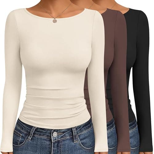 Ekouaer Women's Boat Neck Tops 3 Packs Long Sleeve Shirts Ruched Fall Fashion 2025 Outfits Basic Thermal Underscrubs - Image 1