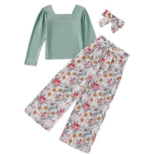 Momkonzz Girls Clothes Kids Outfits Children Long Sleeve Tshirt Sqaure Neck Tops Floral Trousers 5-12 Years - 7-8 Years - Green Floral Set - Image 1