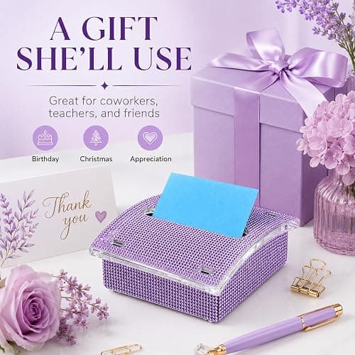 Rhinestone Sticky Note Holder for Desk, 4x4 Inch, with 100 Sheet Notepad | Bling Note Dispenser Office Desk Accessories Pop Up Note Holder for Cute Office Desk Accessories Women Coworker Gifts, Purple thumbnail 8
