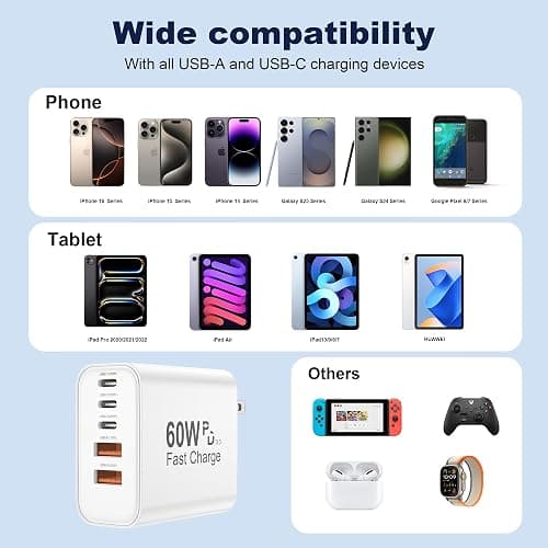 USB C Charger Block, 5 in 1 Single 25W Max iPhone Charger, PD 3.0 60W Charging Blocks, QC 2A USB Wall Charger for iPhone 17 16 15 14 13 12 Pro Max, iPad, iPod, Samsung, AirPods Pro, Apple Watch Series thumbnail 7