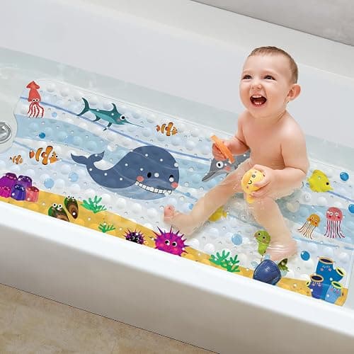 Yolife Non Slip Bathtub Mat, 16x39inch Kids Bath Mat Anti-Slip Cartoon Bathroom Floor Mat Shower Mat with Suction Cups and Drain Holes, Dolphin - Image 1