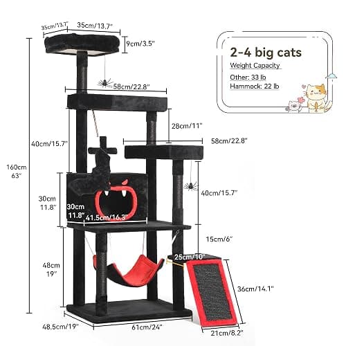 YITAHOME Gothic Cat Tree with Coffin Bed, 63" Tall Cat Tower for Indoor Cats with Top Perch, Spacious Cat Condos, Spider Hanging Balls,Comfy Hammock, Scratching Post and Ladder, Black Halloween | Cat Tower with Top Perch, Spacious Cat Condos, Spider Hanging Balls, Comfy Hammock, Scratching Post and Ladder thumbnail 5