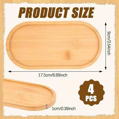 FHUIEWRY 4 Pack Oval Bamboo Bathroom Serving Trays, Wooden Vanity Tray | Oval bamboo counter tray, wooden soap holder for bathroom, countertop jewelry, cosmetics, candle, kitchen& small item storage thumbnail 3