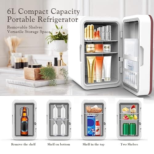 YLFU Mini Fridge for Bedroom, 6L/10 Can Skincare Fridge with Dimmable LED Light Mirror for Dorm & Office, Portable Cooler & Warmer Small Compact Refrigerator for Skincare, Makeup and Cosmetics, White thumbnail 5