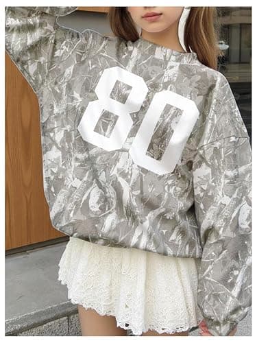 OYOANGLE Girl's Number Camo Print Jersey Sweatshirts Long Sleeve Loose Pullover Top Streetwear thumbnail 2