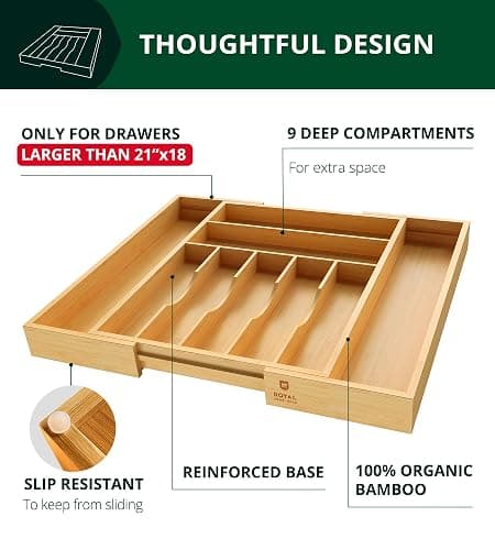 ROYAL CRAFT WOOD Luxury Bamboo Kitchen Drawer Organizer - Silverware Organizer, Utensil Holder & Cutlery Tray Drawer Dividers for Flatware (9 Slot, Natural) thumbnail 4
